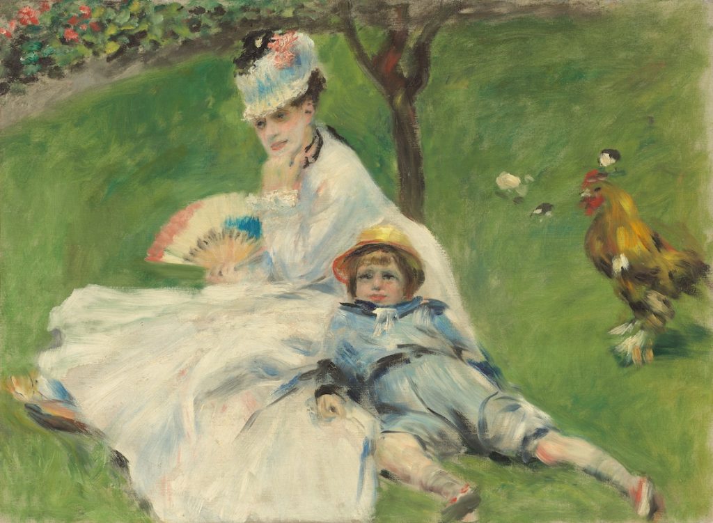 A contemplative portrait as Madame Monet as her son rests lazily on her gown. A chicken flanks them on the grass.