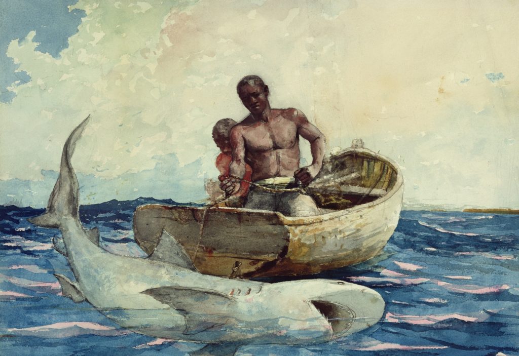 Two black men in a row-boat pull a harpooned shark towards the ship. A watercolour picture with vibrant colours.
