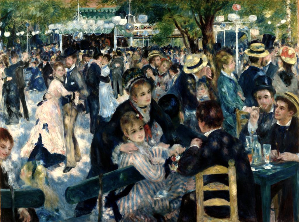 An outdoor party scene of cascading parisian guests, dancing and talking.