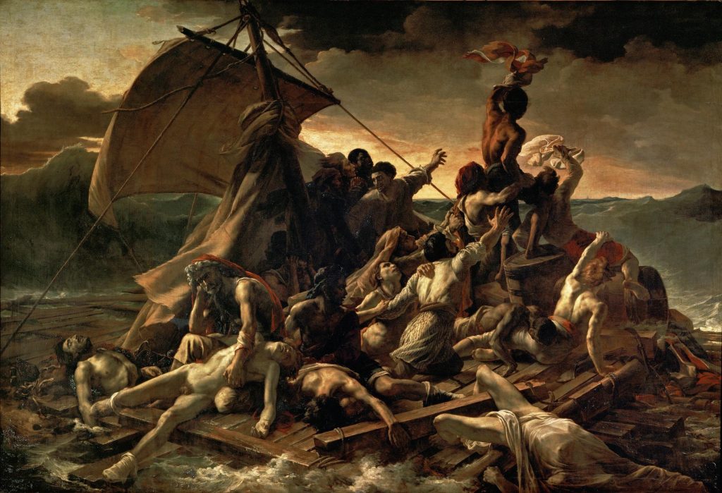 Shipwreck survivors climb over each other to wave fabrics at a far-away ship, forming a mound, over a rudimentary raft. Bodies are pale and cascade over each other like corpses.