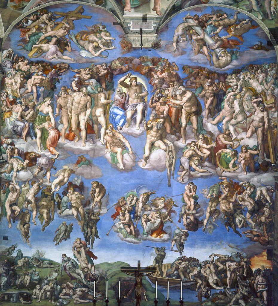 A sprawling biblical fresco composed of two halves, salvation of good men above and the despaired scene of earth below (including the crucifixion). In between, God dividing the halves through gesture.