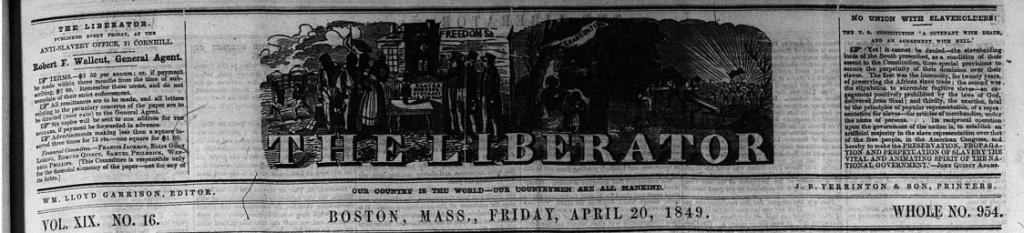 The masthead of the journal 'THE LIBERATOR' contains emancipatory drawings.