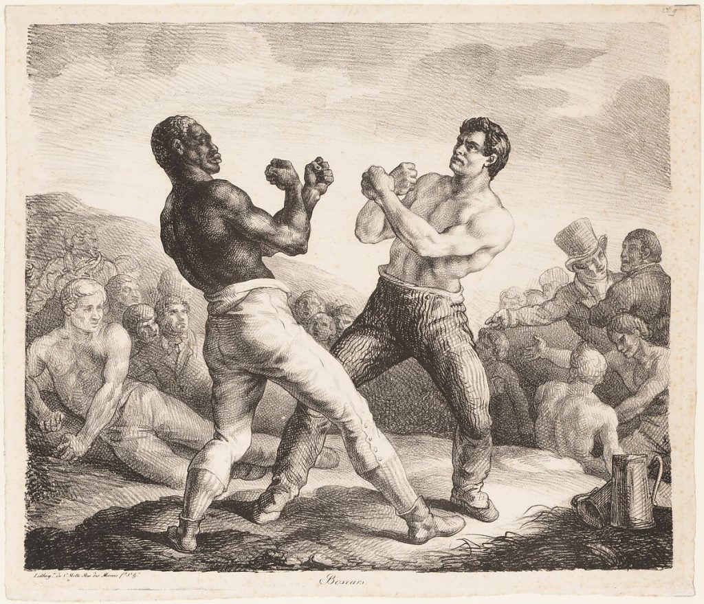 A lithographic engraving of two fighters, one black man and one white man, in combat before a small crowd.