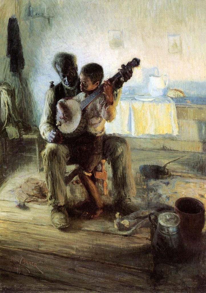 A thickly atmosphered painting of an older black man teaching the banjo to a young black boy sat on his lap. The scene is set in a kitchen.