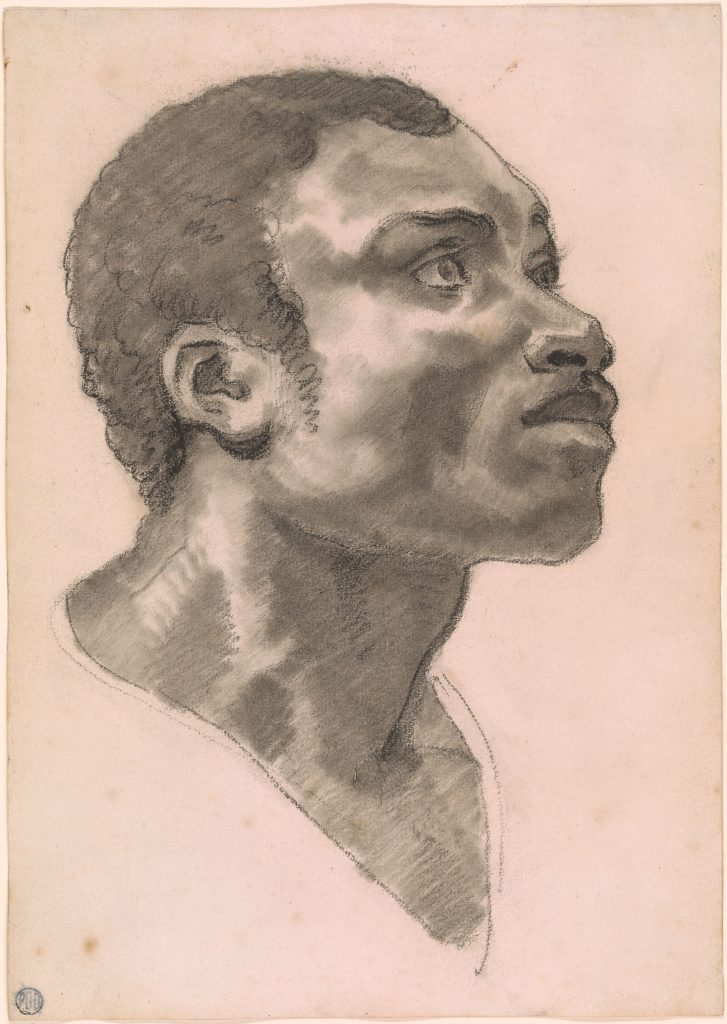 A chalk portrait of a young black man, chip tilted upwards, from the neck up.