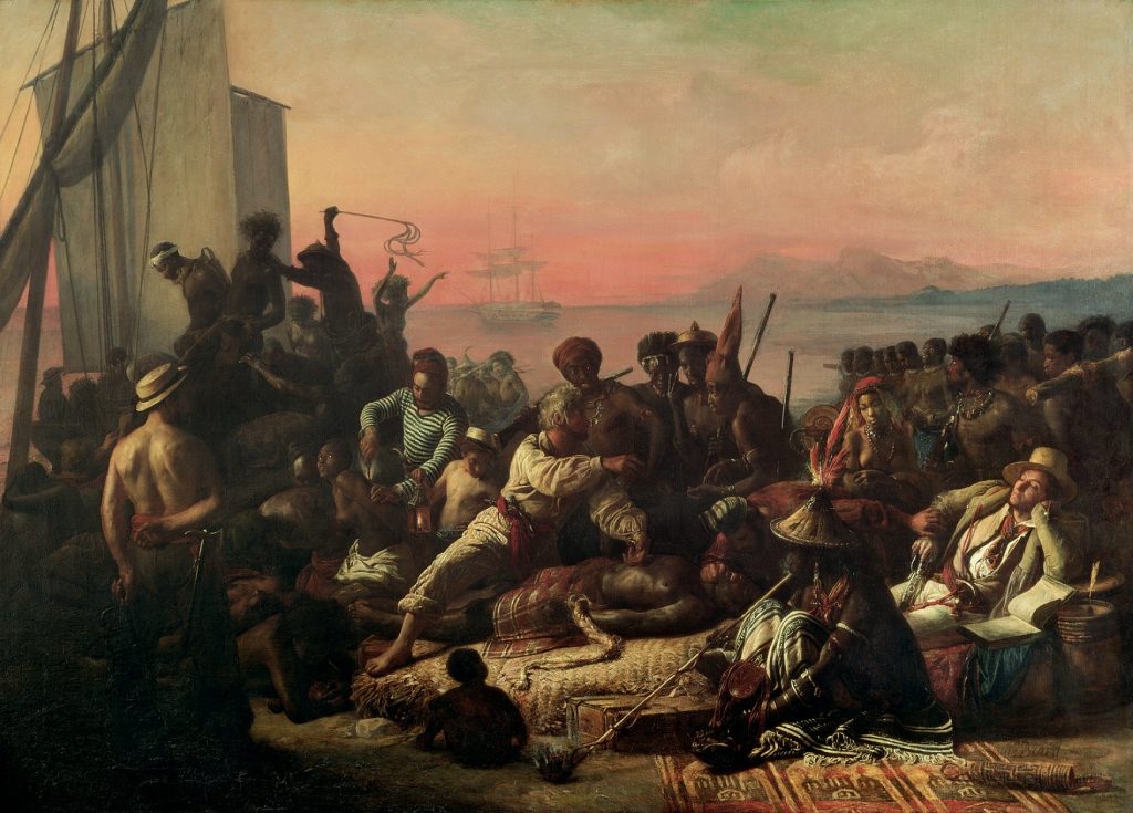 A cluttered port scene where a crowd of slaves are measured or abused by white slavers. Ships rest on the ocean horizon line beyond.
