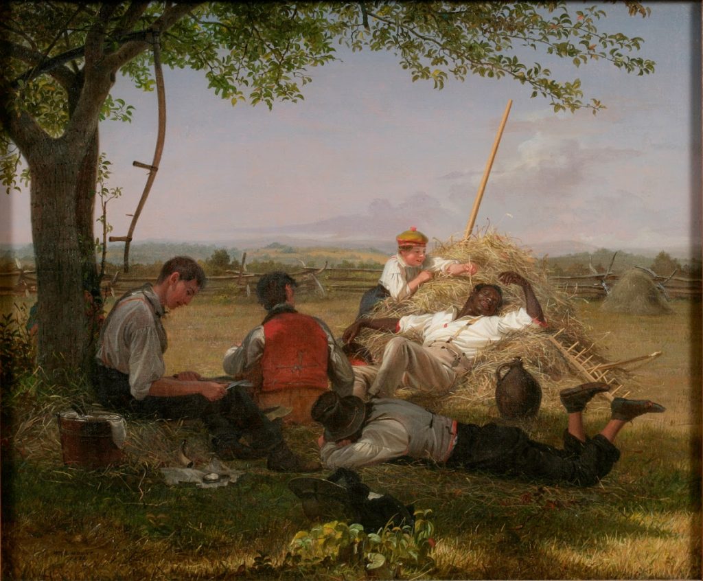 A docile farm scene where black men, collapsed on the ground or on a hay-stack, rest near young white men (and one boy) reading or meandering.