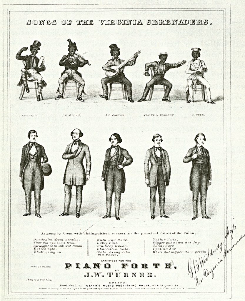 A music poster of five aristocratic seeming white men in juxtaposition against five racial caricatures of black folk musicians, presumably their characters.