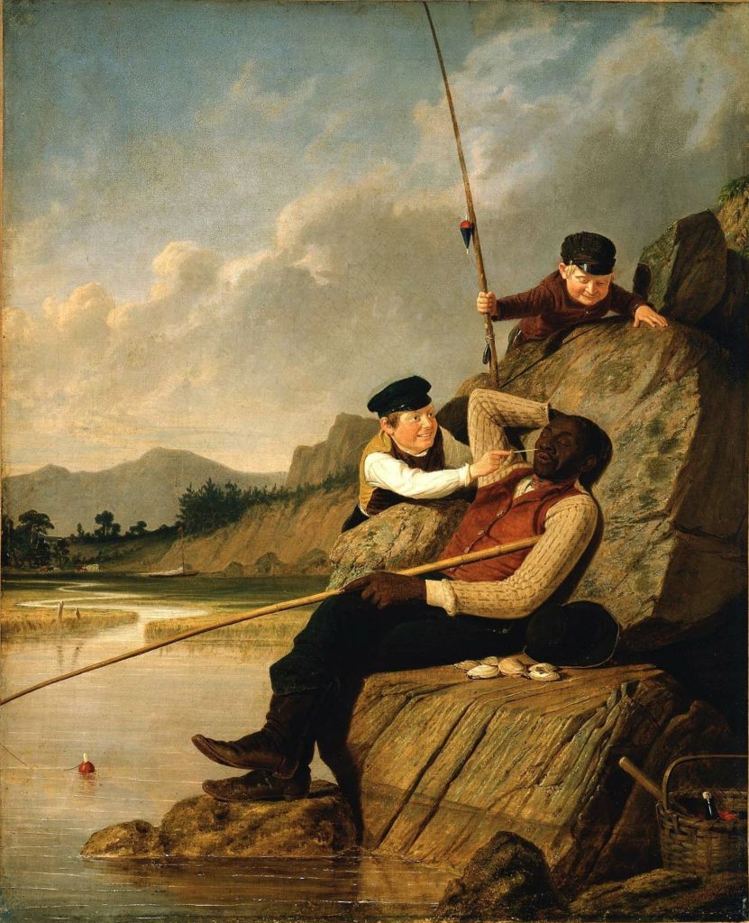 Two white children bother a black man who fell sleep sleeping before a picturesque lake landscape.