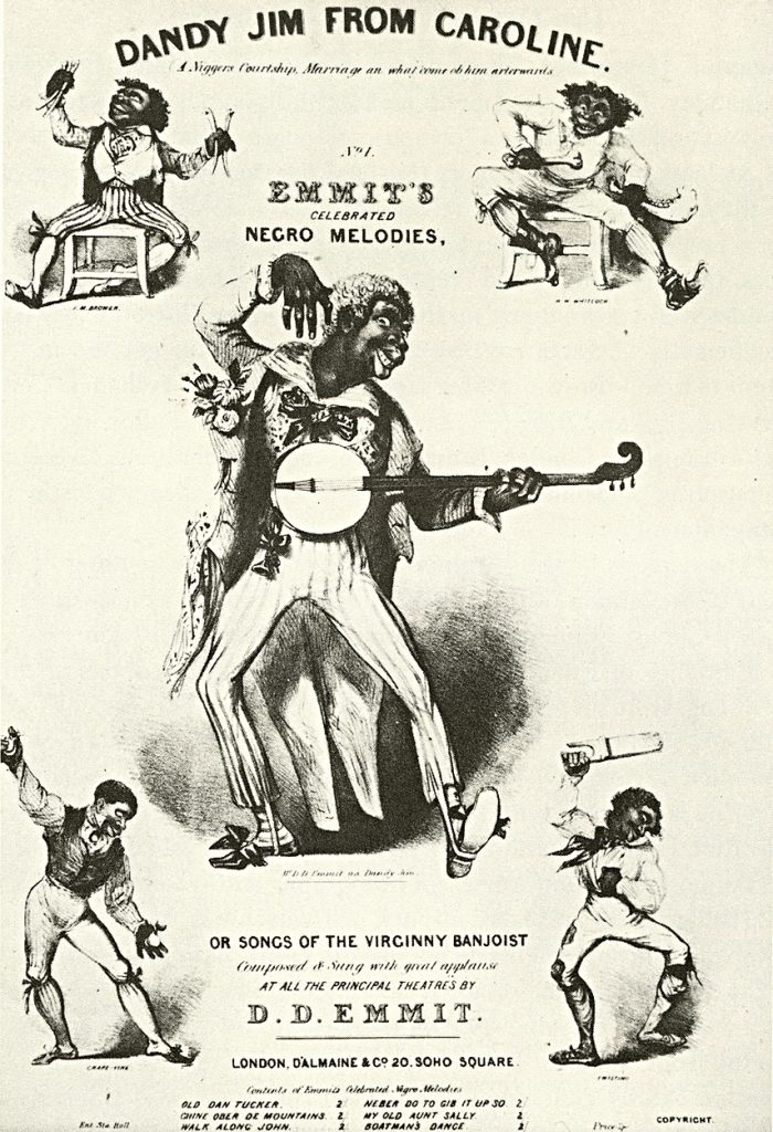 A poster of five racial caricatures of black folk musicians.