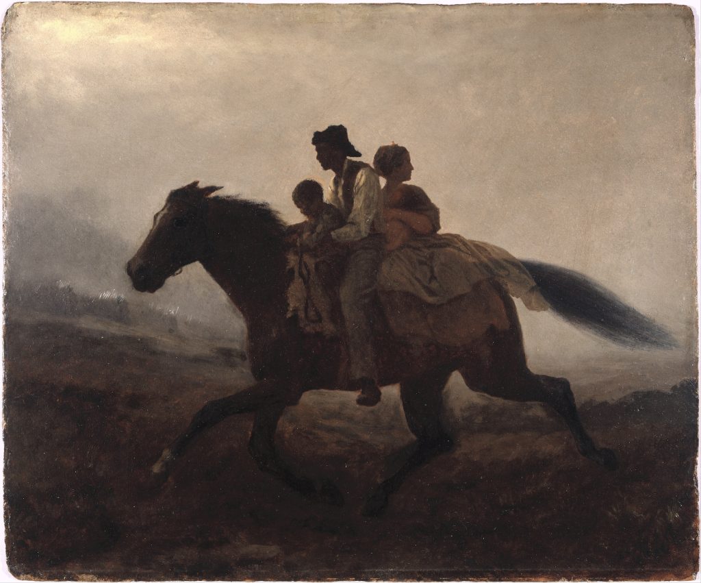 Three black slaves, a couple and a child, ride a galloping horse through a somber landscape, a cloudy sky behind them.