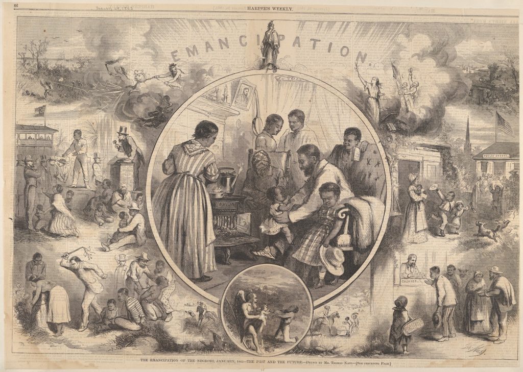 A sequential series of wood engraved vignettes depicting a slave's escape and subsequent journey towards liberty. The central scene of the canvas shows a family of freed slaves huddle around a furnace, above reads "EMANCIPATION".