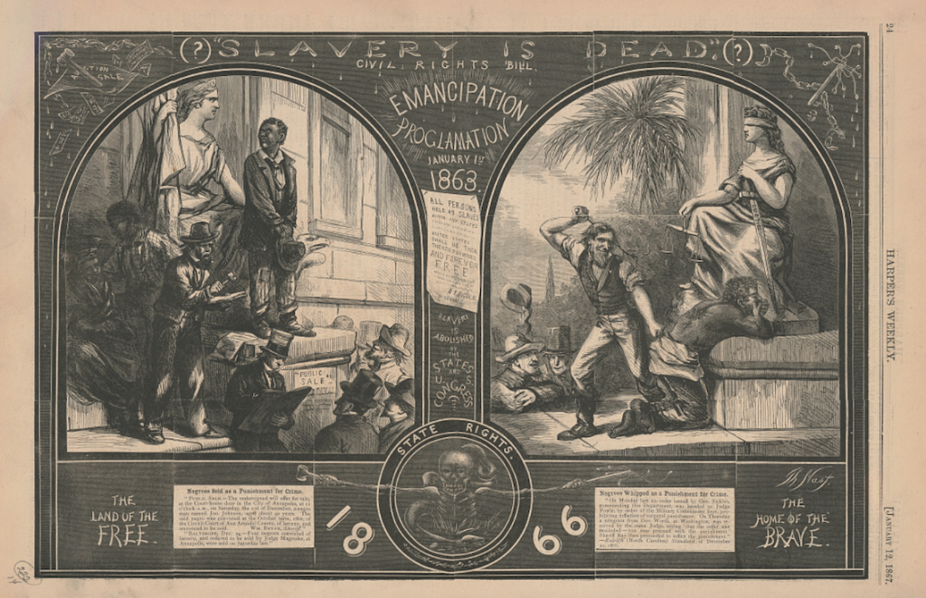Two scenes placed side by side, framed by "EMANCIPATION PROCLAMATION". The first is of freed slaves in formal wear, the second of slaves receiving punishment, naked.