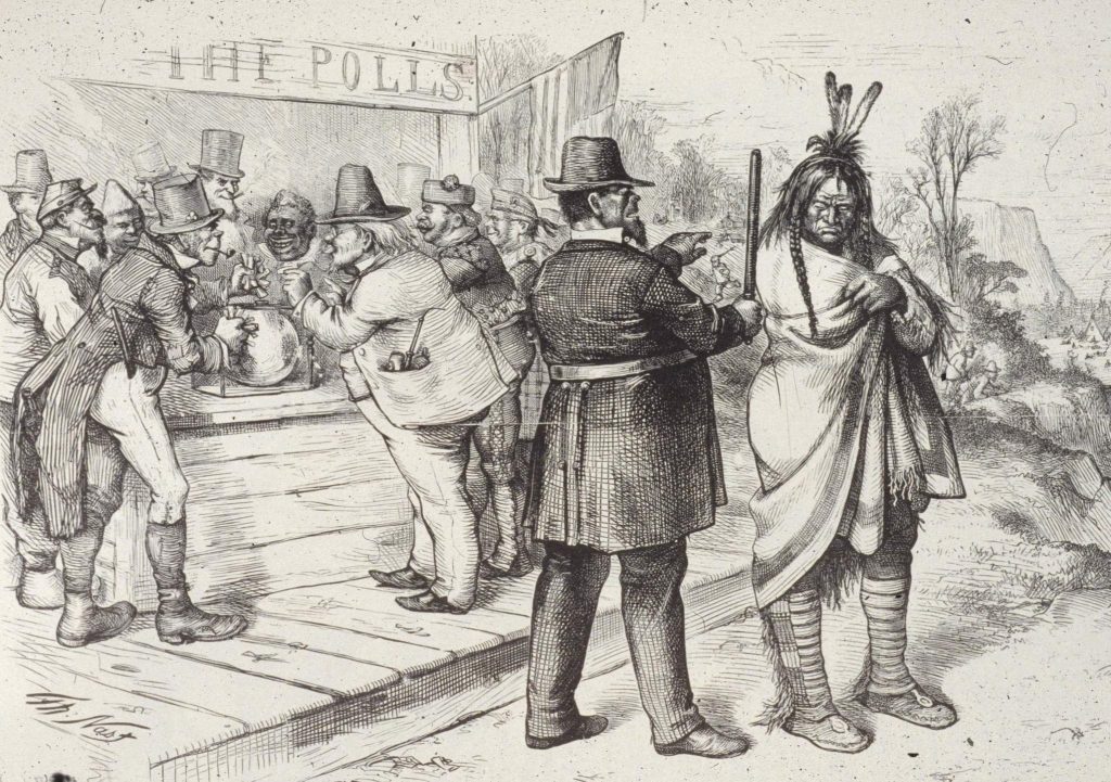 An engraved drawing of a native american being refused access to a polling station, where both white men and racially caricatured black men vote.