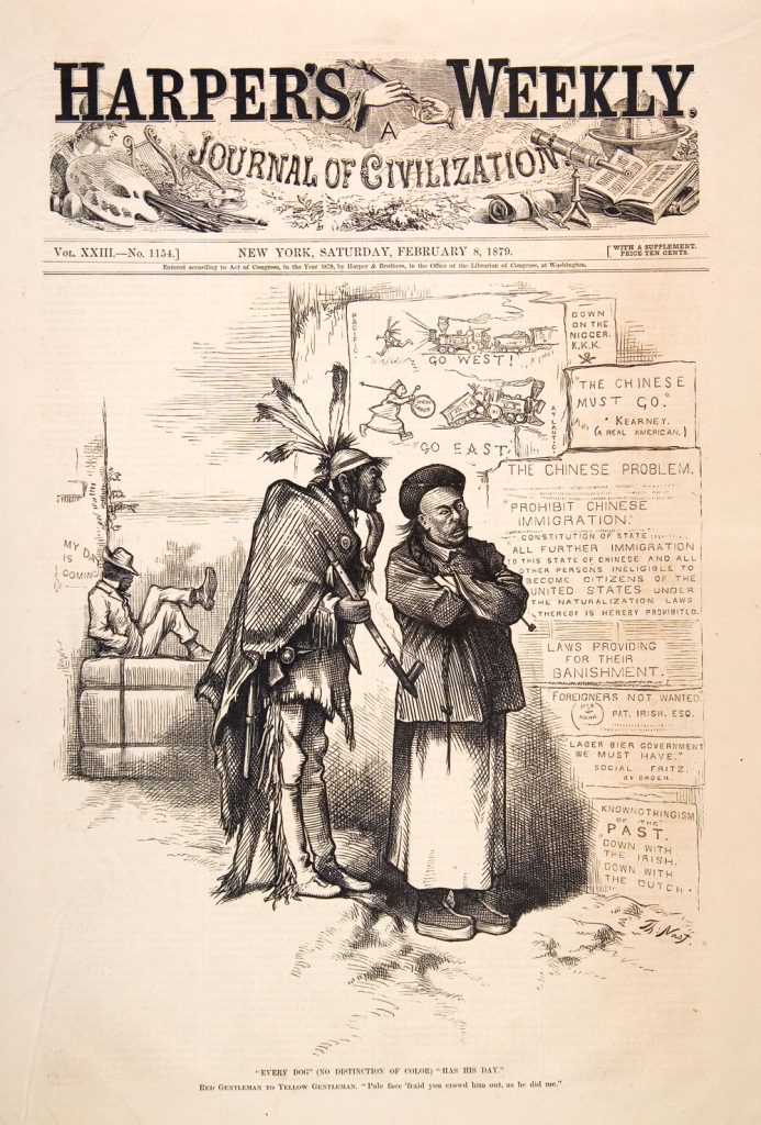 A journal cartoon of two racial stereotypes, chinese and indigenous, observe a bulletin board bidding both ethnicities not to enter American society. A black man rests on a wall in the background.