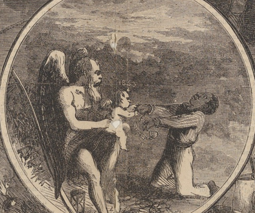 A winged old man, and a small winged baby on his lap, cut the chains of a black man. Placed directly below the central scene.