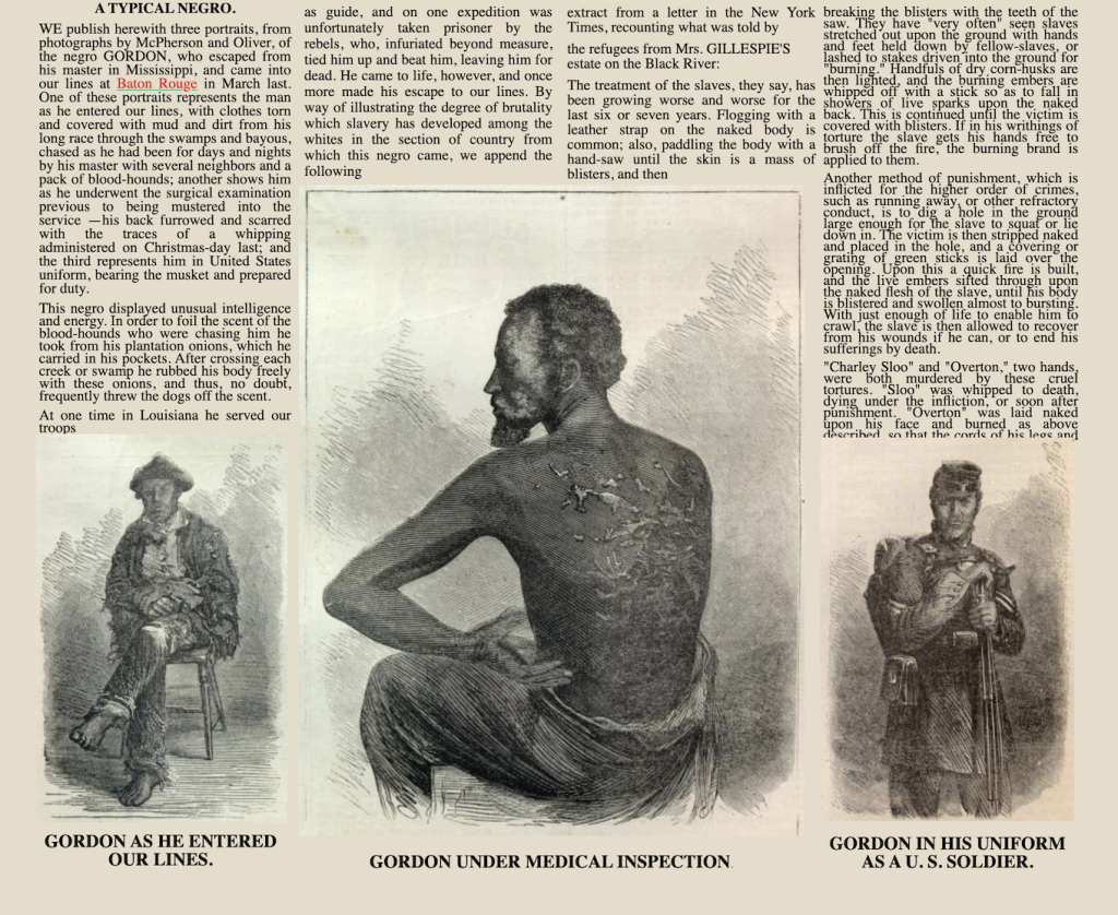 Three images chronicling a black man's recruitment into military service, including one showing intense scarification on his back, line this journal.