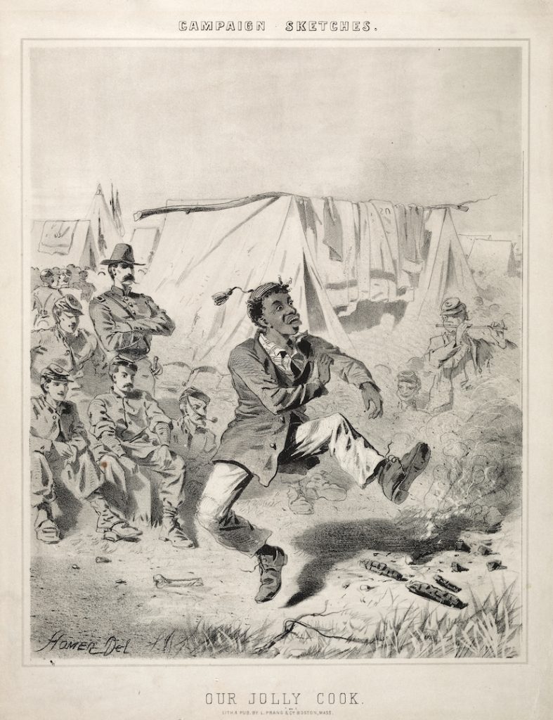 A campaign sketch poster of a caricatured black man dancing for union soldiers at an encampment.