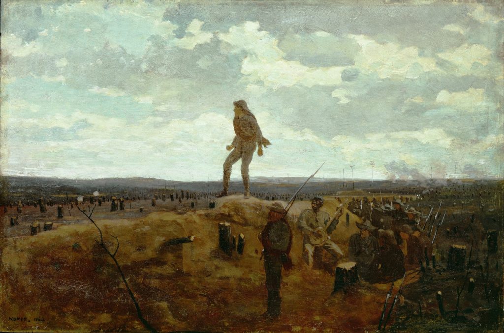 Before a battlefield landscape of severed tree-trunks, a soldier stands on a mound as a black slave plays the banjo. A confederate battalion to his right.
