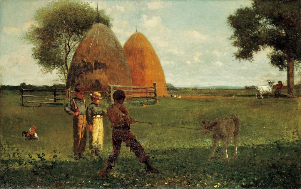 In outdoor farmlands, a black boy pulls at a calf with a rope before two white boys observing.