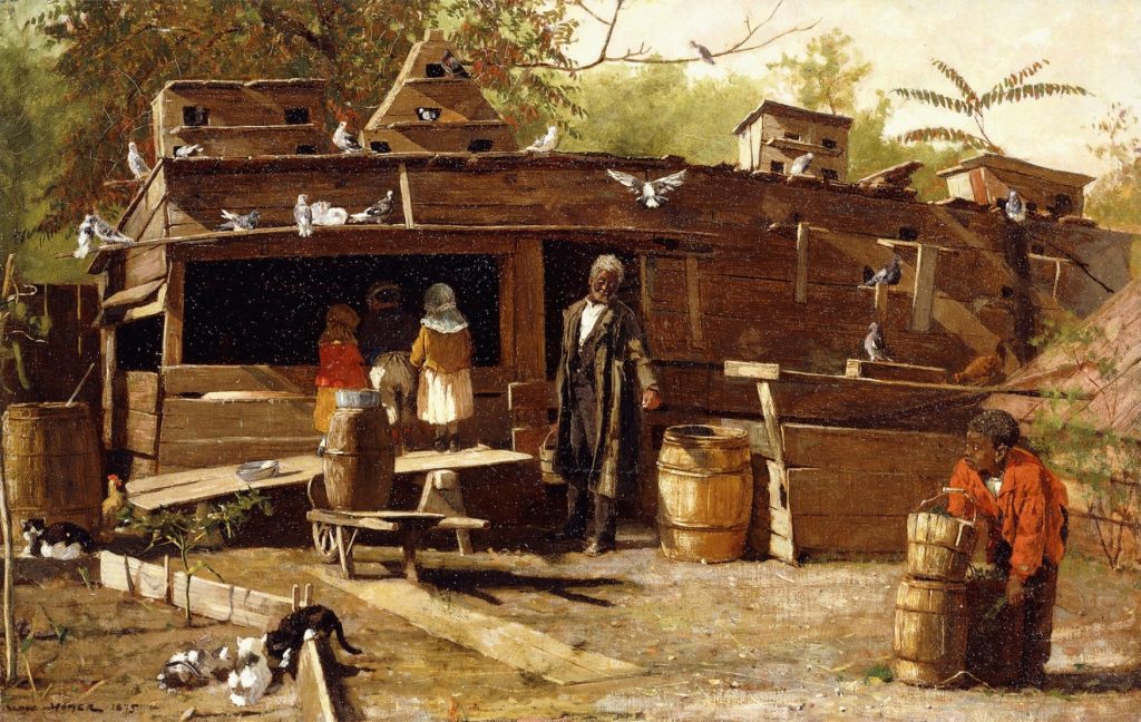 A black couple, man standing by a chicken coop and woman knelt by some buckets, are at work. Three white children, faces away from us, peer into the coop.