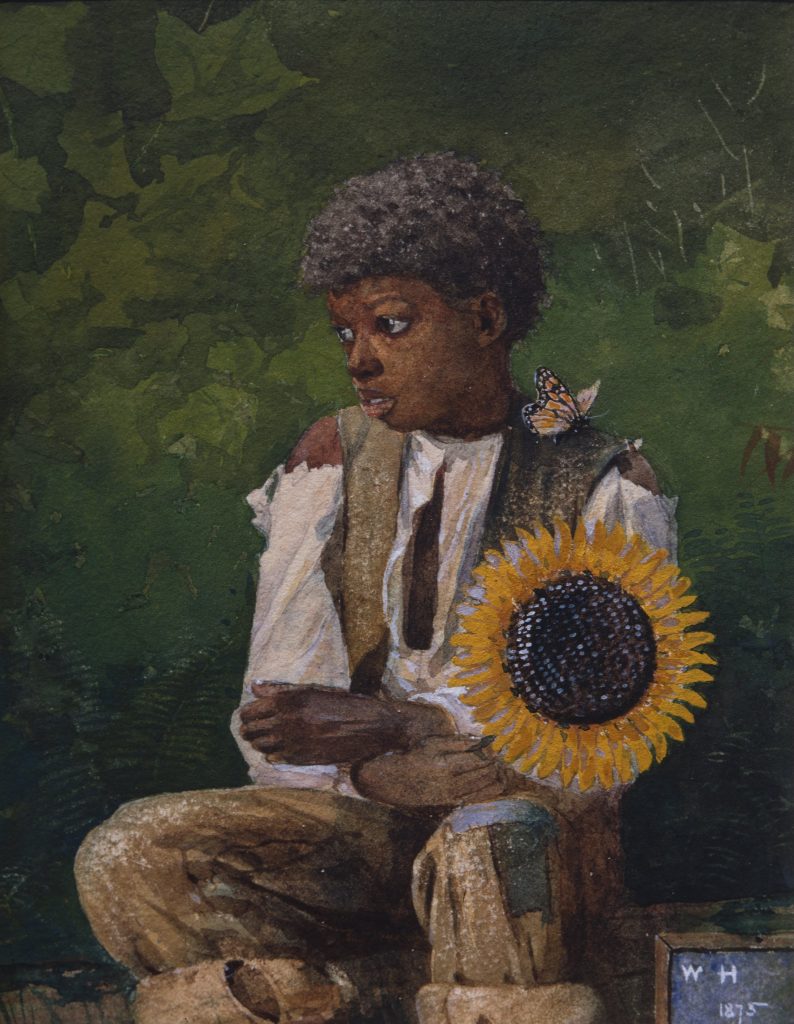 A portrait painting of a black boy sitter, before a natural backdrop, clutching a sunflower. A monarch butterfly rests on his shoulder.