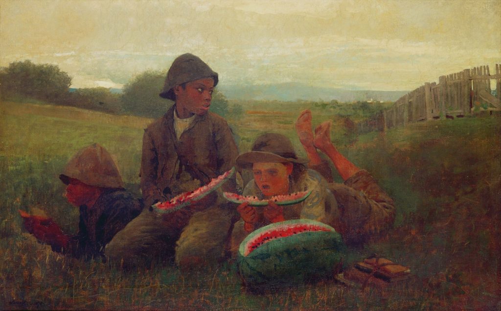 In a field, three young black boys eat slices of watermelon. A yellow tinted sky behind them.