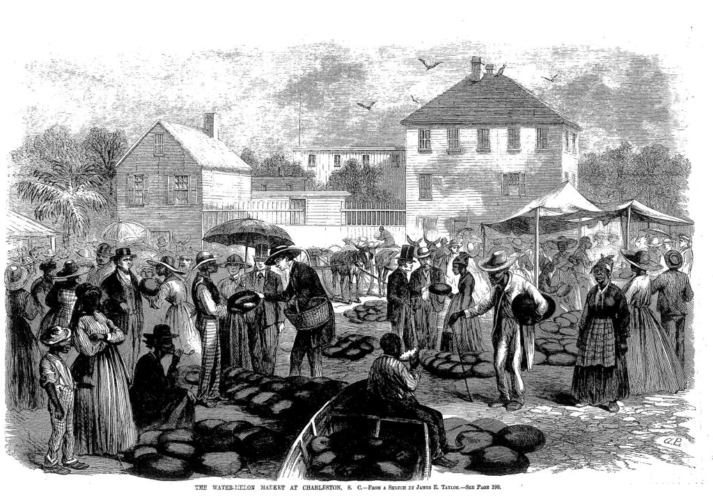 A mixed public market journal scene where black individuals are buying and selling watermelon. They are caricatured, white people in formal clothing.