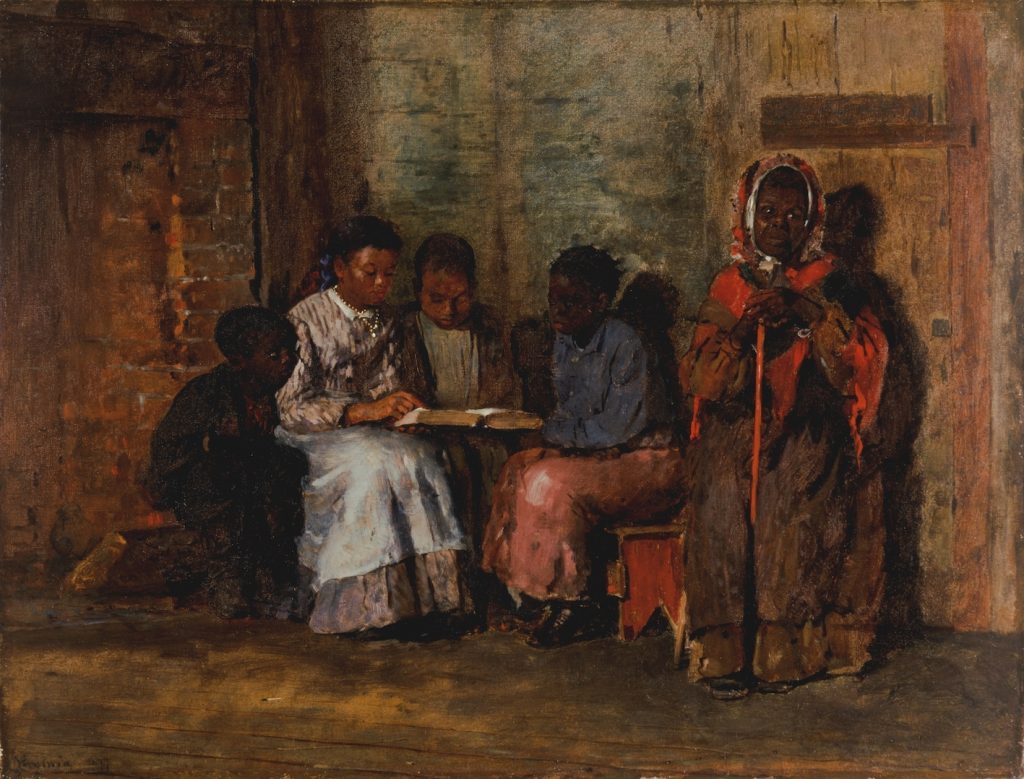 Four black children huddle around a book, an old woman in a headscarf leaning on a stick nearby.