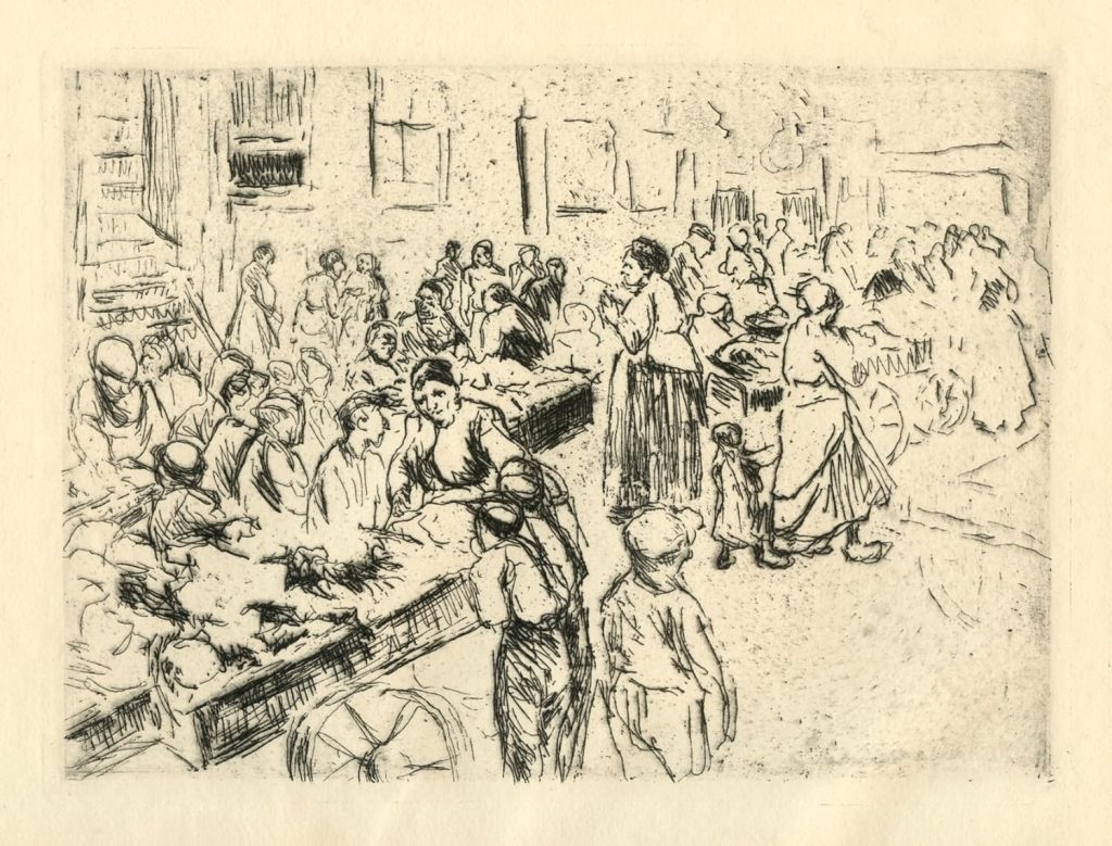 An etched market scene of a crowd purchasing produce.