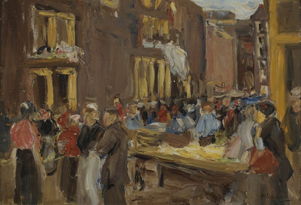 A painted street scene of a colourful crowd at market, painted in thick and short brush strokes.