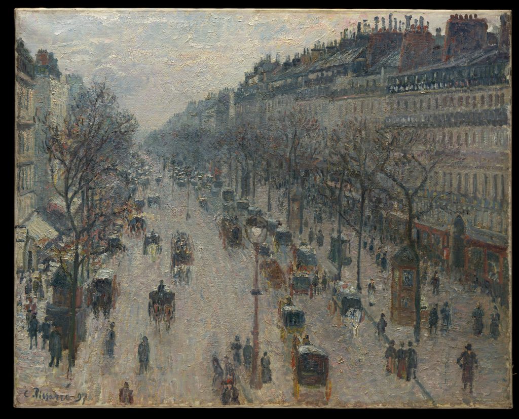 An aerial view of a busy parisian street on a grey winter day. Very thick paint is layered in the picture.