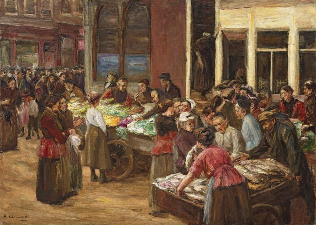 A crowded market scene rendered in thick paint strokes. Warm browns flood the scene with exception to the produce, which is vibrantly coloured.