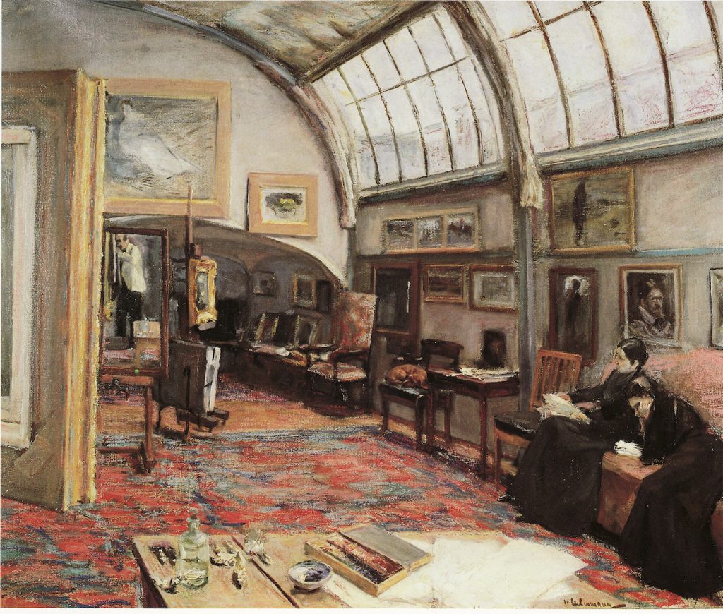 A textured painting of the artist's studio. Two women dressed in black rest on the couch and observe the room covered entirely with art-works.