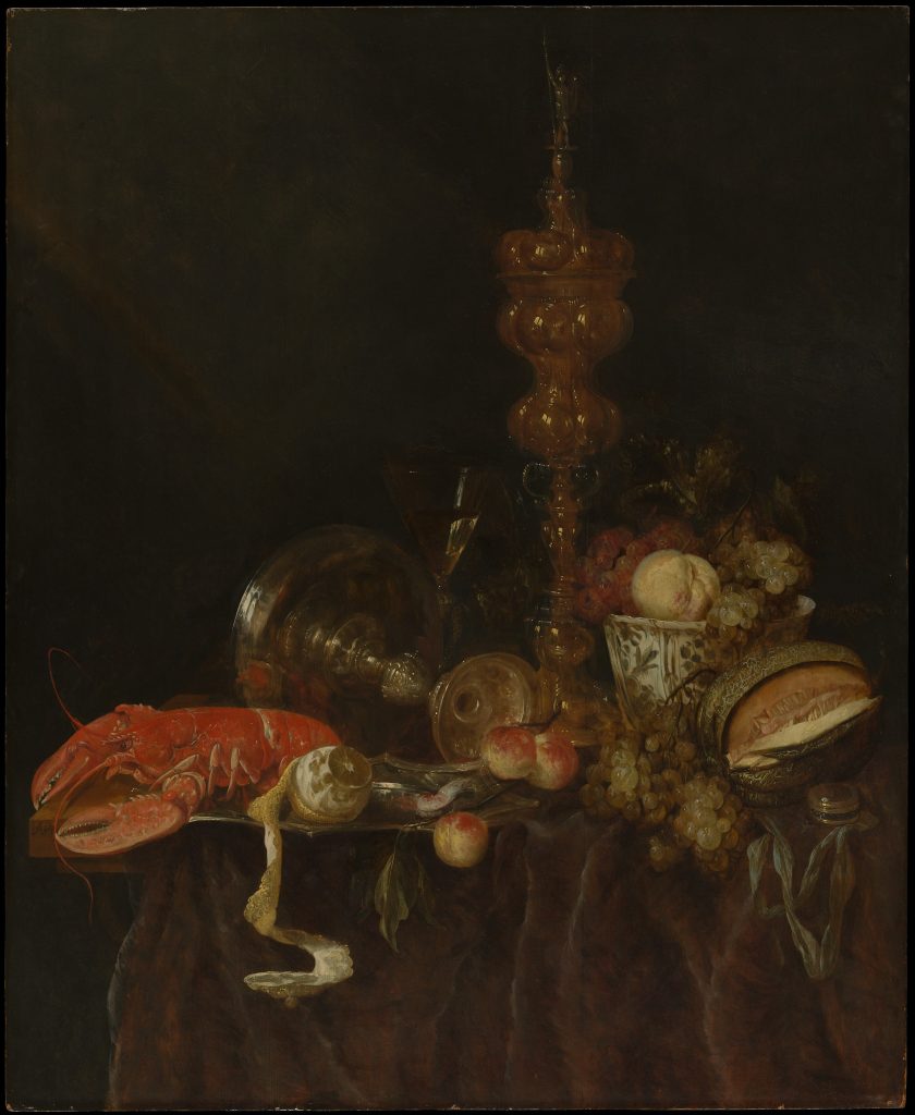A still life shadowed painting of a table featuring lobster, a turned over fruit-holder, and a sequence of loose fruit.