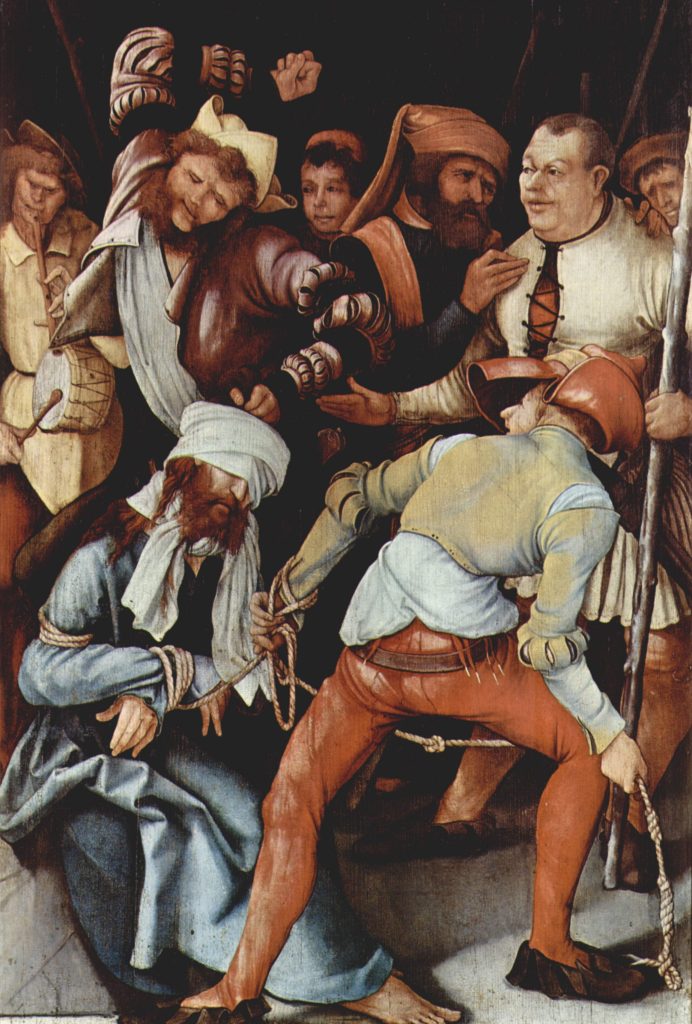 A group of robed men with terrible expressions pull a bound a blind-folded Christ. The canvas is cluttered with figures, Christ is on his knees.