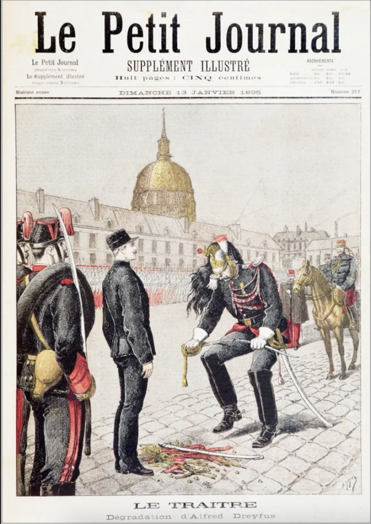A journal print cover depicting a superior officer destroying the military equipment of his lesser, Dreyfus. The journal labels the piece "THE TRAITOR".