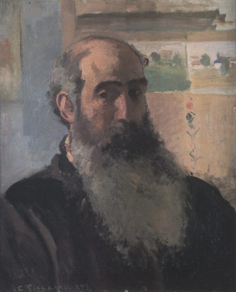 A self-portrait of the artist with a curious expression, sporitng a large grey beard before a somewhat geometric background.