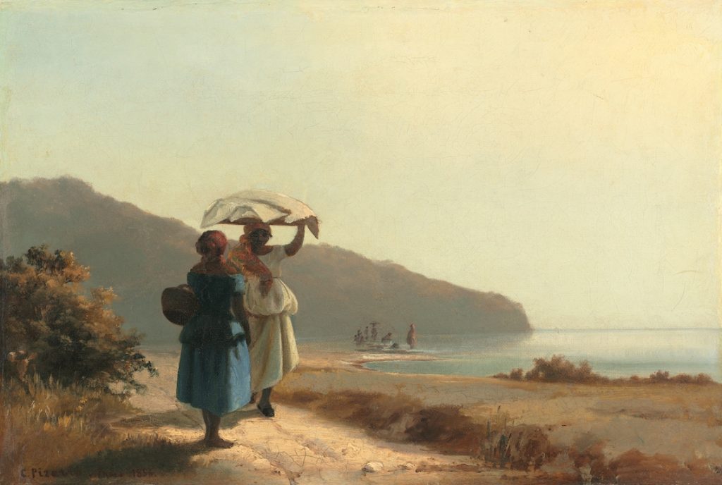 Two women in flowing dresses, under a parasol, stand amongst a beach landscape bathed in a pale glow.