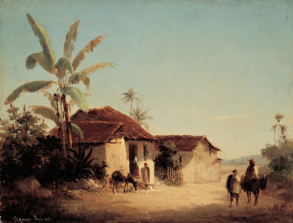 A warm painting of a pastorale hamlet. Workers return home with a mule carrying sticks.