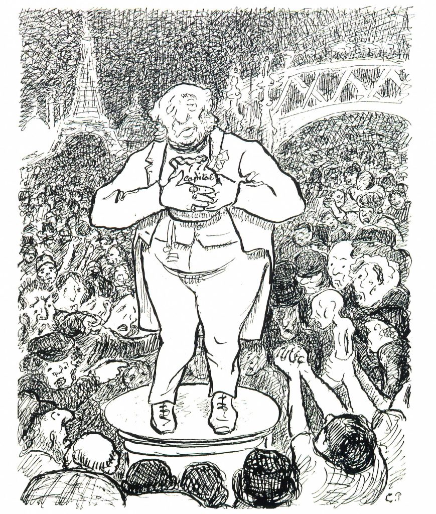 A sketched pen caricature of a bourgeois aristocrat clutching a bag labeled capitol before an immense crowd. The eifel tower is in the background.