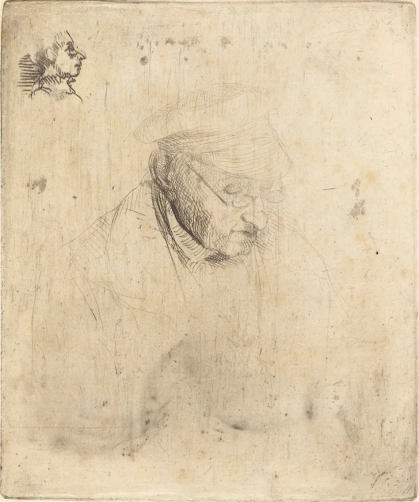 A quick sketch of an older man wearing spectacles and looking downwards. The paper is aged and work is focused around the face of the figure, a quick profile sketched in the upper corner.