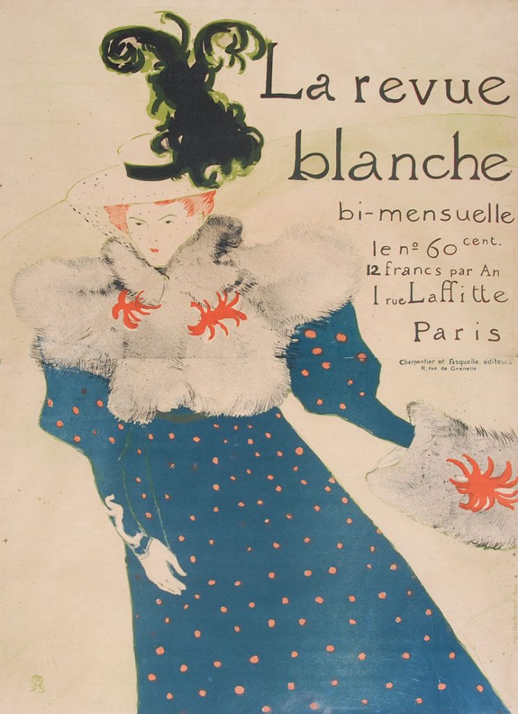 A review poster featuring a drawing of a woman in a large intricate blue dress and a feathered hat.