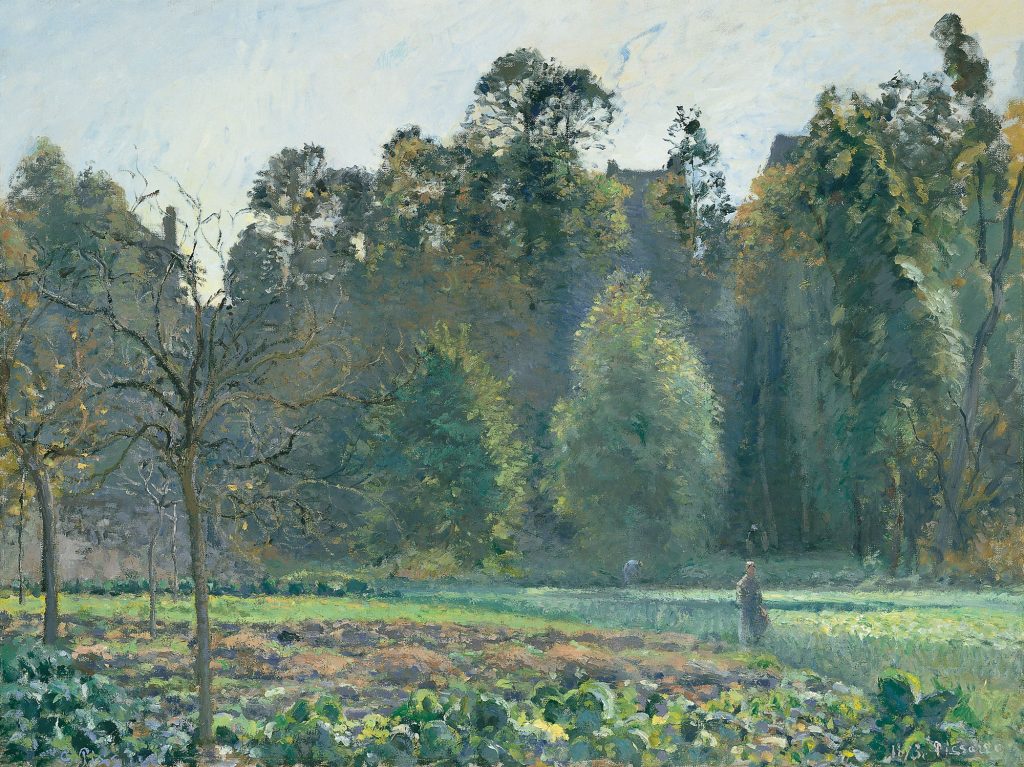 A field landscape surrounded by thick woods, faint figuration of farmers can be discerned. The picture is done in thick short brush strokes.