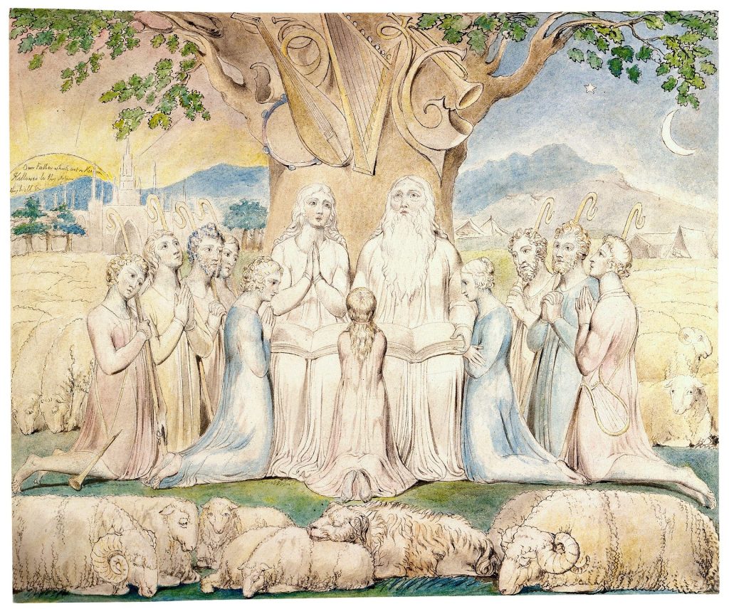 A pale watercolour congregation stands in prayer under a large ornate tree. They are shepherds to a flock, and a rising-sun landscape lies behind them.