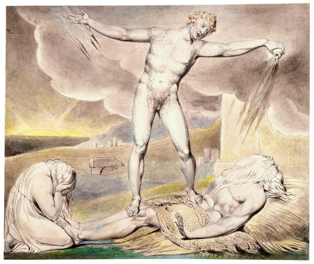 A watercolour picture of Satan, an athletic scaled man, standing on the body of an elderly man who receives the contents of an overturned jar and lightning bolts from the former's grip. A woman sits on her kneeds crying beside them, and the backdrop is of ruins.