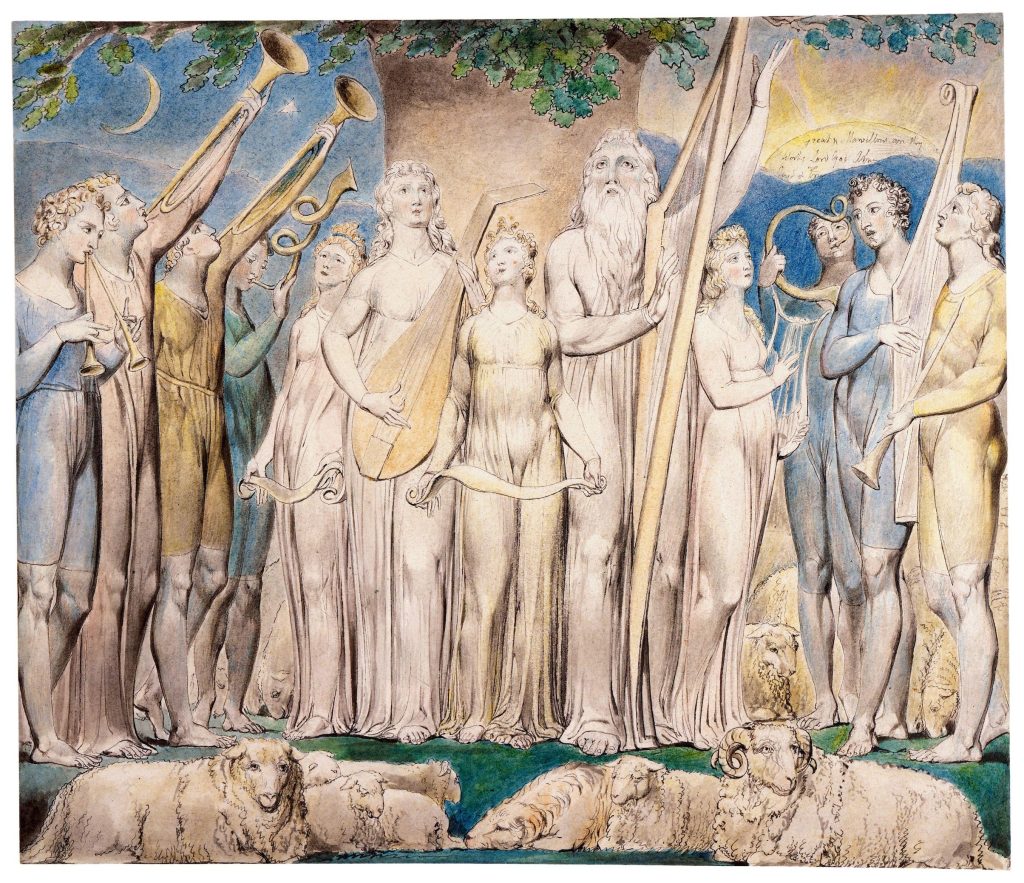 A watercolour scene of a family, an older bearded man at the forefront holding a harp, looking upwards in thanks. A band of musicians flank them, and a large tree sits behind.