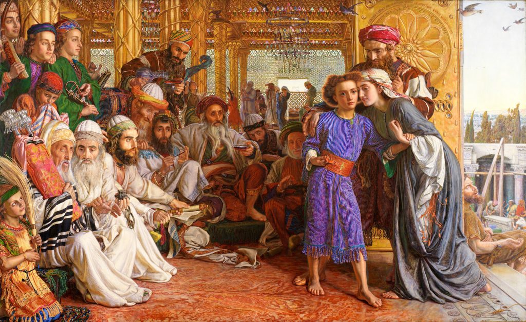 A young Christ, embraced by an older maternal figure, is gazed upon by rows of robed "oriental" men. The setting is a semi-exterior gilded palace.