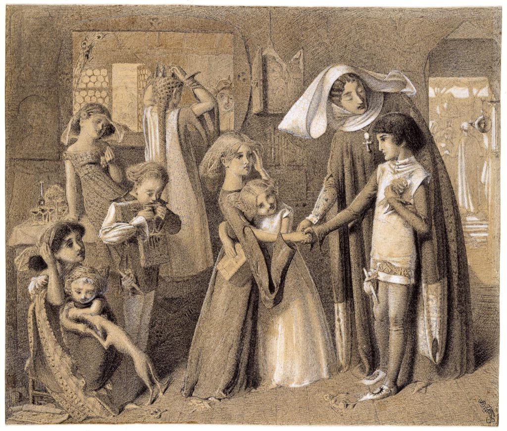 A gauche watercolour portrait of a young boy, guided by a nun, introduced to a young girl who has moved forward to meet him. Behind them, in this interior, are a series of children performing various biblical characters.