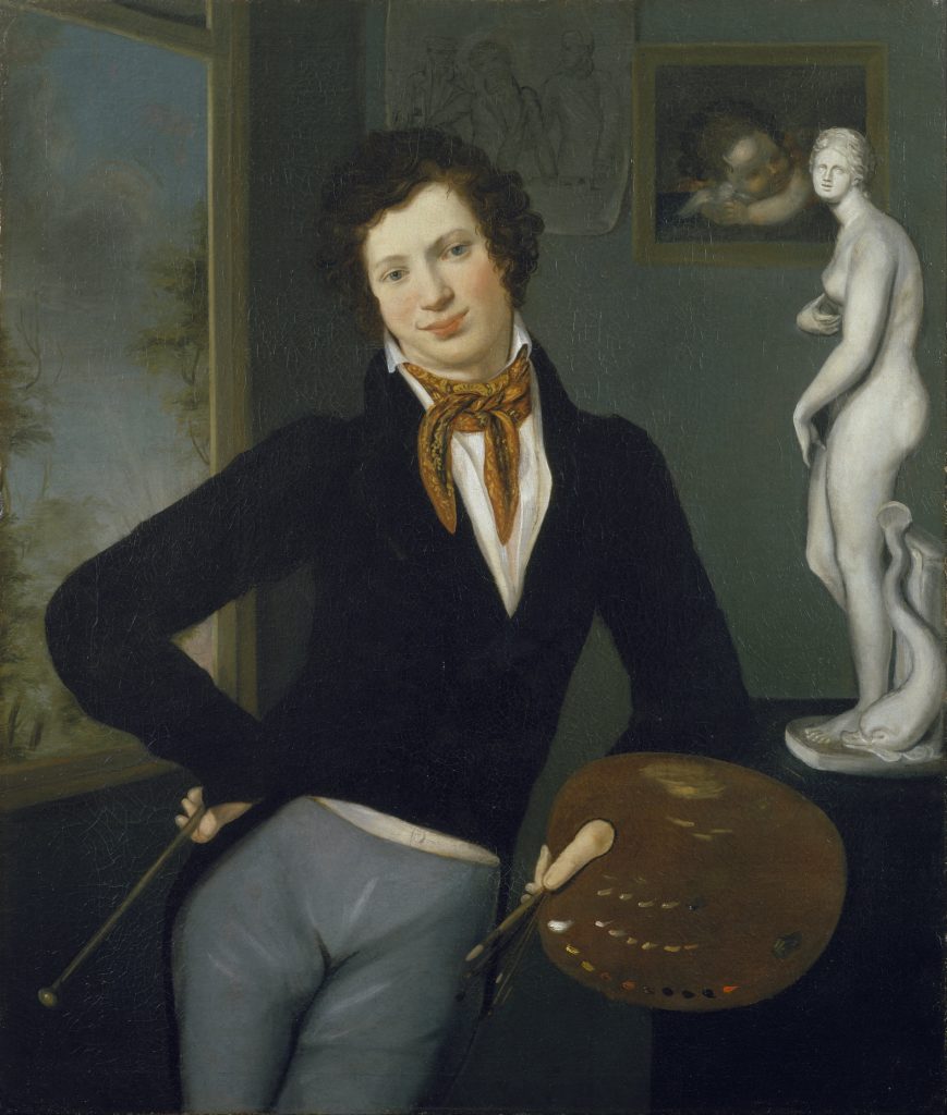 A posed self-portrait of the artist amongst fine art, paintings and a marble sculpture. He is dressed aristocratically and grasps his painting tools.